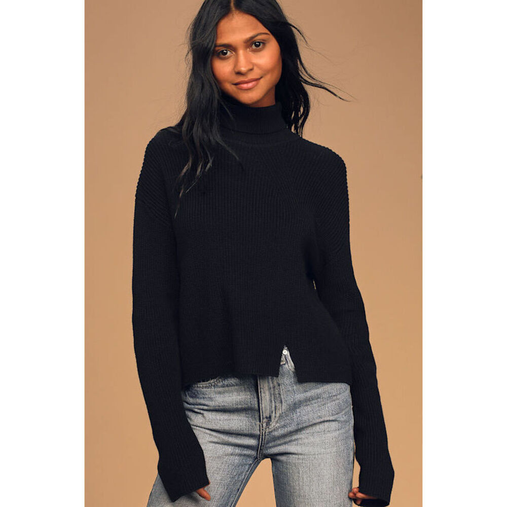 Lulus Cozy Coincidence Black Knit Turtleneck Sweater - Size L